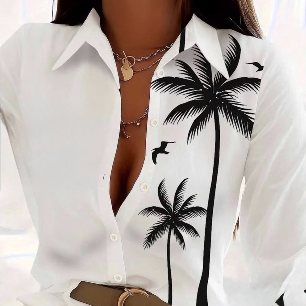 Women's White Palm Tree Print Blouse
